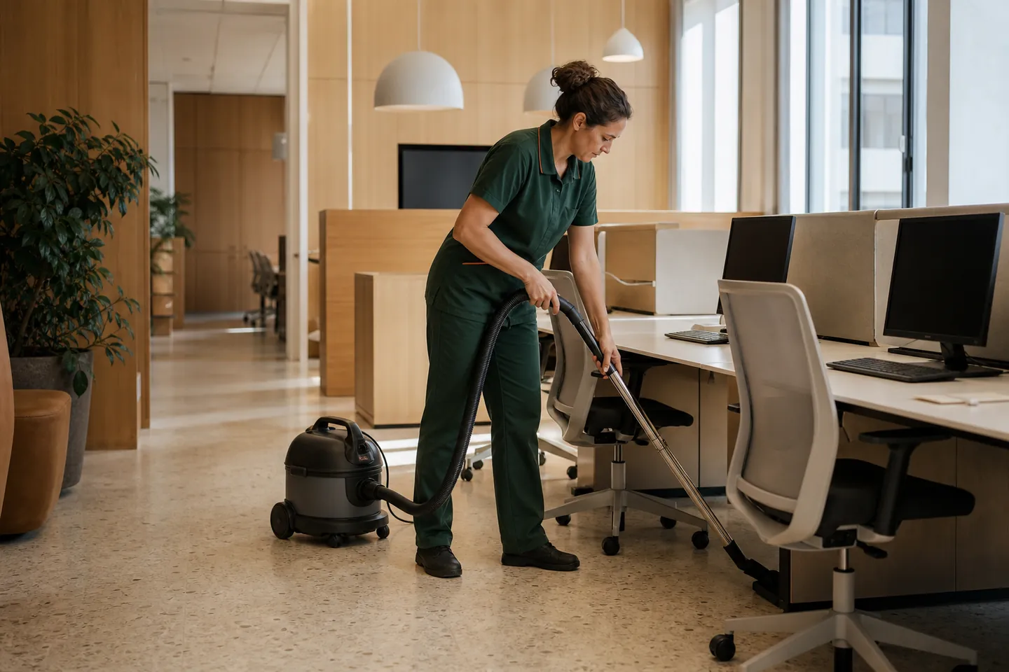 Operatrice aspira il pavimento tra le postazioni di un ufficio