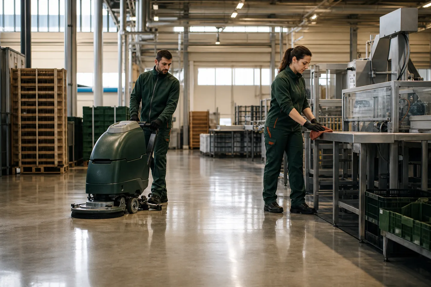 Due operatori puliscono il pavimento e una superficie in un ambiente produttivo