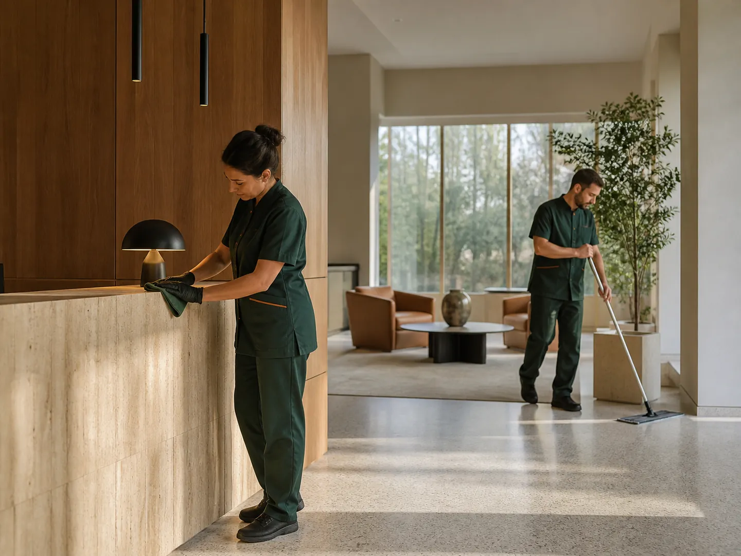 Due operatori puliscono la reception e il pavimento di un ufficio