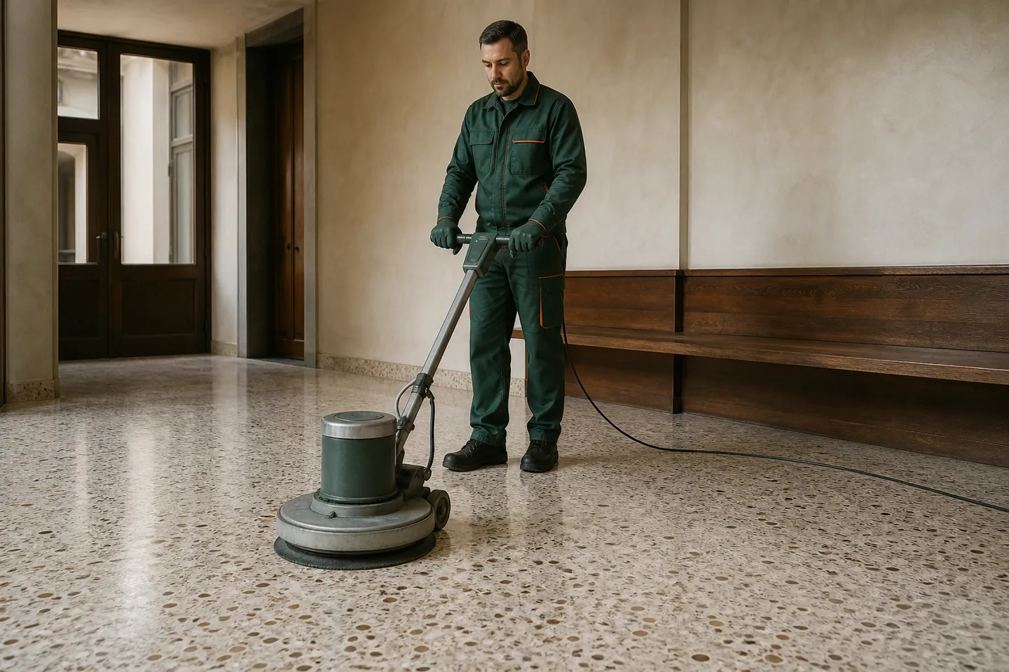 Operatore tratta un pavimento con una monospazzola