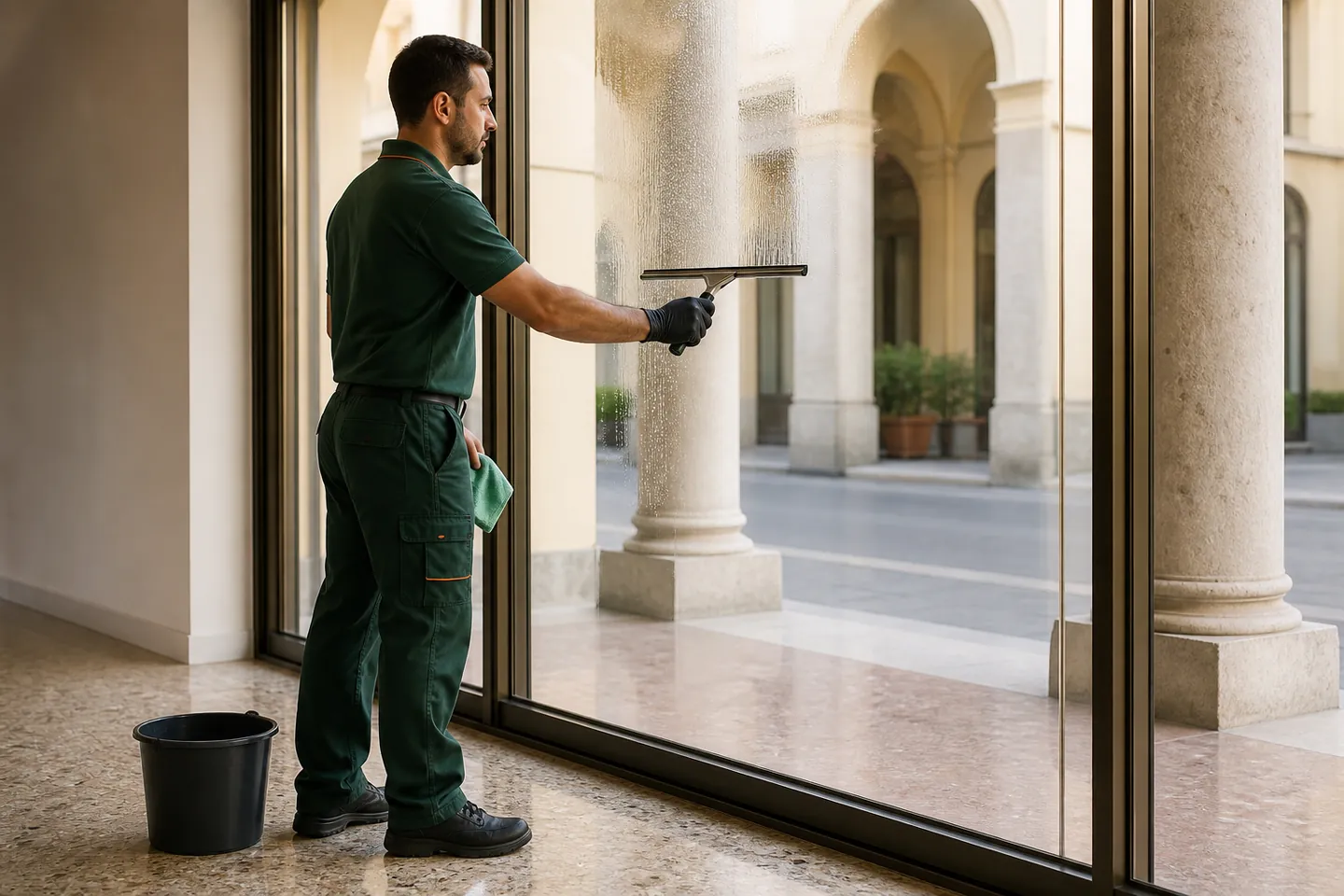 Operatore pulisce una vetrata con un tergivetro professionale