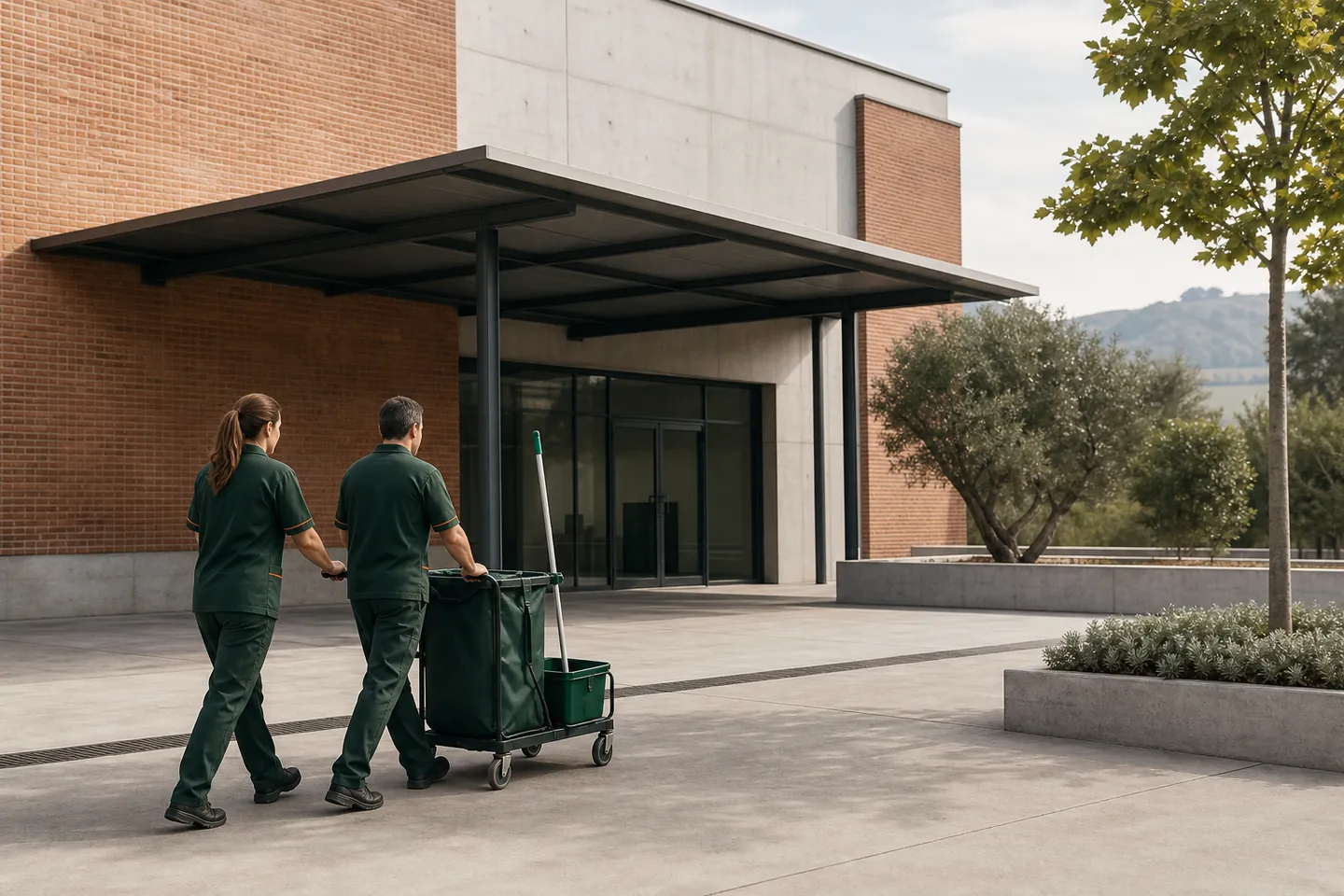 Due operatori trasportano un carrello per le pulizie verso un edificio aziendale