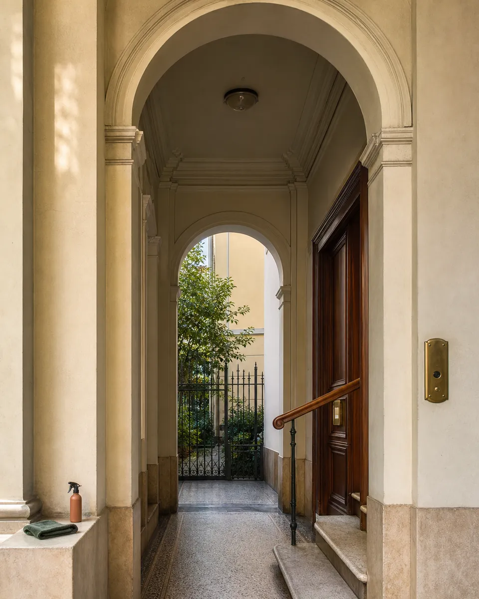 Ingresso porticato con pavimento, porta e corrimano in legno